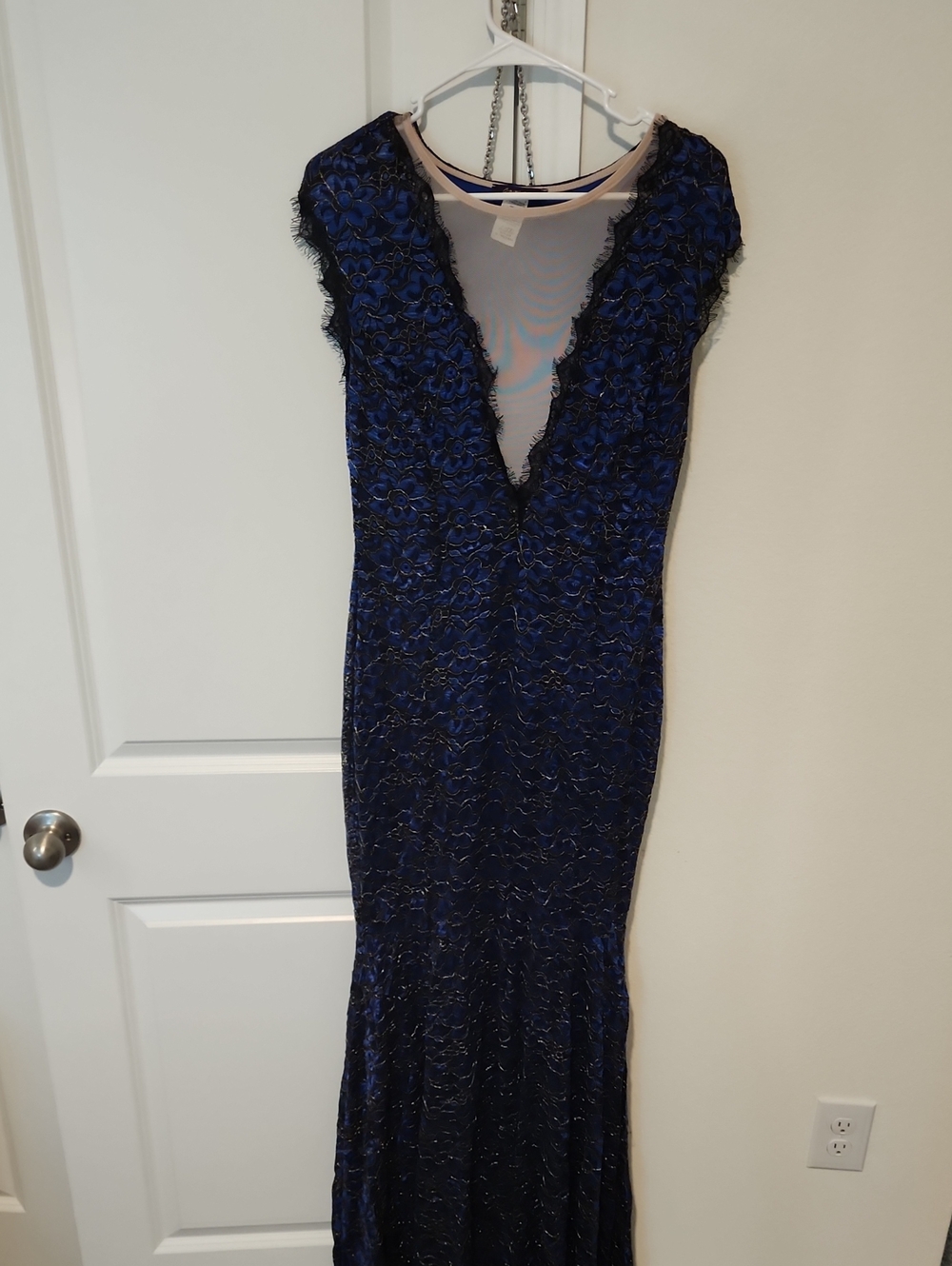 Midnight Blue Lace Maxi Gown with Deep V-Neck